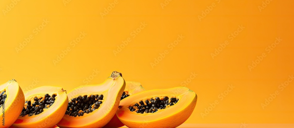 Aufkleber A captivating image of papaya slices on a vibrant yellow background with generous copy space