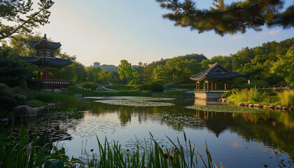 the landscape of the park with a lake and Buddhist pagodas. an oriental-style landscape park with a lake or pond. rock garden, path in the garden, lake in the garden