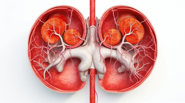 The image shows a pair of kidneys. The kidneys are responsible for filtering waste products from the blood and producing urine.