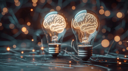Artificial Intelligence digital concept abstract brains inside light bulb - stock photo.