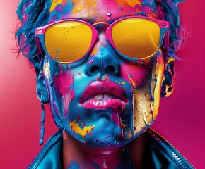 Vibrant portrait of a person wearing colorful painted makeup and vibrant sunglasses in a bold and...