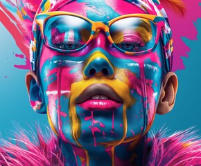 Vibrant portrait of a person with colorful face paint and glasses, showcasing artistic expression and modern style