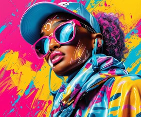 A vibrant urban fashion portrait featuring a young black woman with colorful hair and bold...