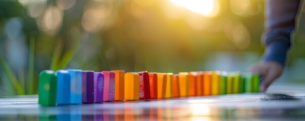 Fototapeta premium Minimalist design showing a person pushing the first domino in a line, colorful and clear to represent starting a business process with space for text