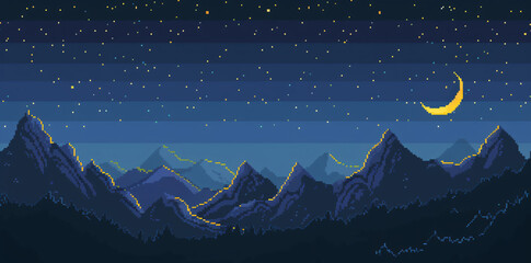 8-bit video game pixel art mountain landscape with stars and moon in the sky