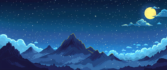 8-bit video game pixel art mountain landscape with stars and moon in the sky