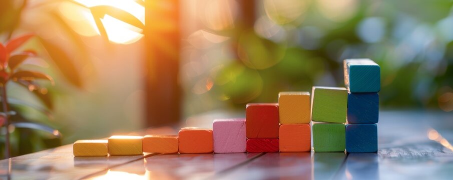 Minimalist design of dominoes falling to form a bar graph, symbolizing business growth from sequential actions, vibrant and detailed with space for text