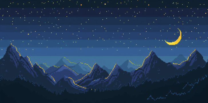 8-bit video game pixel art mountain landscape with stars and moon in the sky