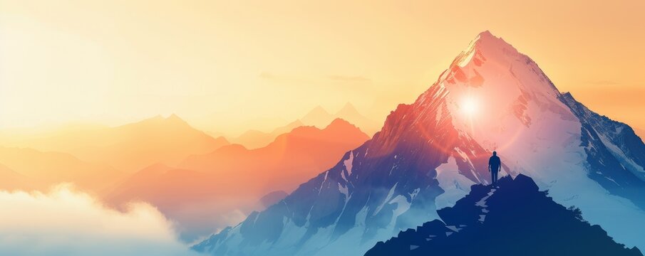 Colorful and clean depiction of a pathway leading to a mountain peak, representing the climb to business success, minimalist illustration with space for text