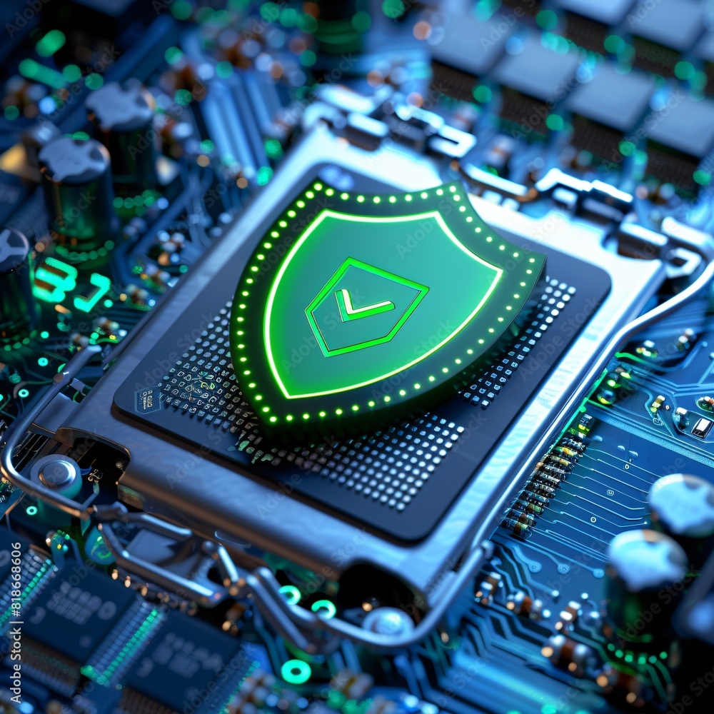 Poster a close-up of a computer microchip with a green shield symbol representing cybersecurity, technology