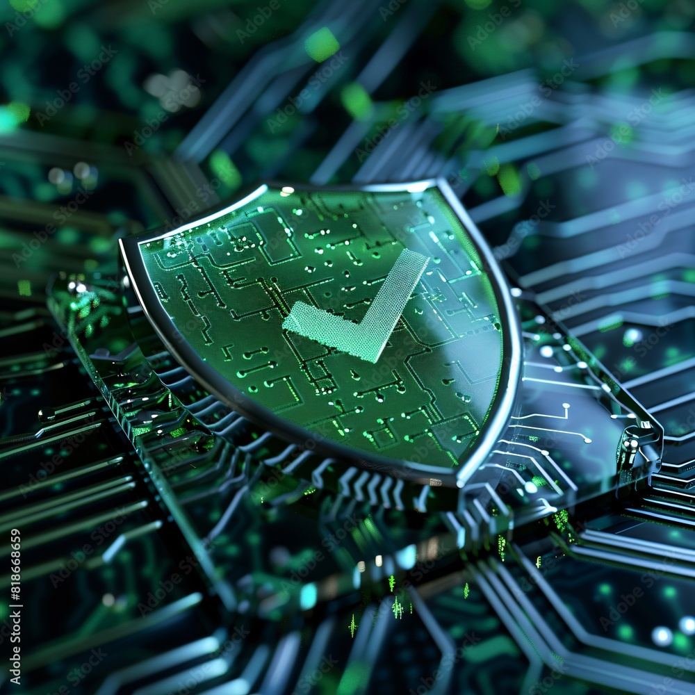 Poster a green shield with a check mark symbolizing cybersecurity and protection on a circuit board backgro
