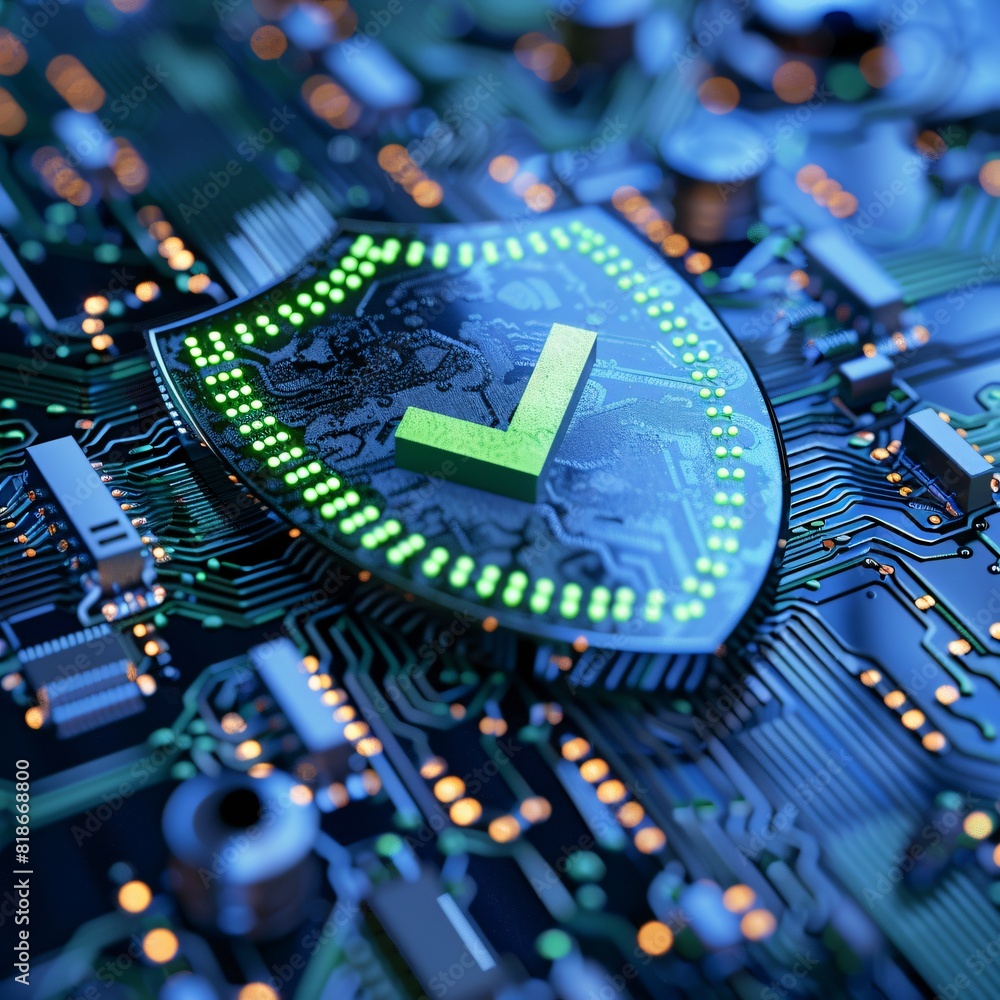 Poster close-up of a circuit board with a green shield and checkmark symbolizing cybersecurity and data pro