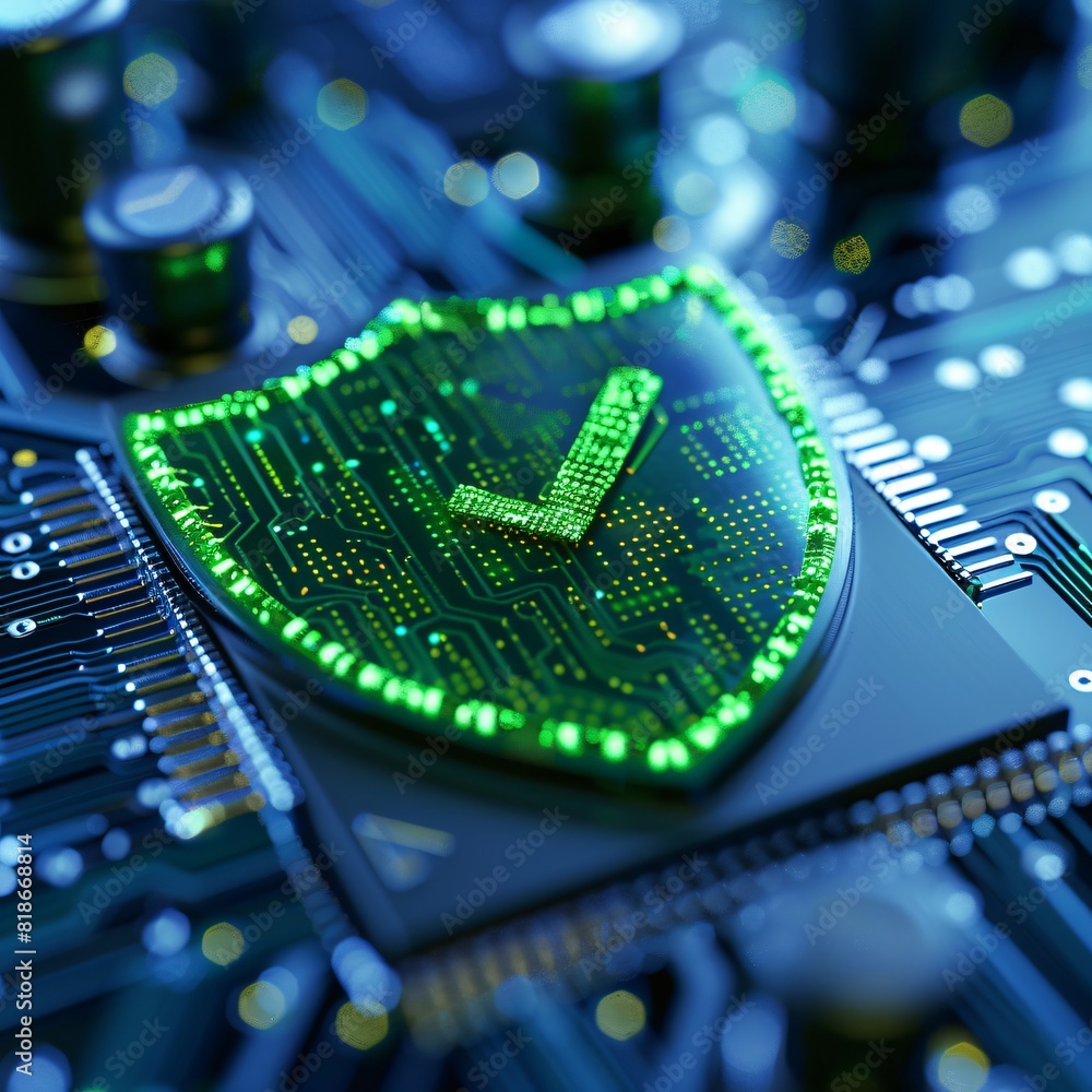 Poster close-up of a circuit board with a green security shield icon, symbolizing cybersecurity and data pr