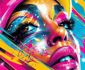 Vibrant digital art portrait with neon colors and abstract paint strokes highlighting a woman's face in close-up.