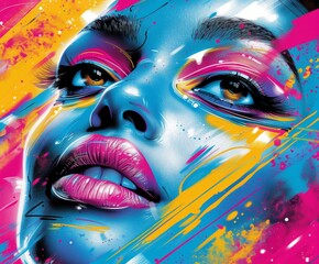 A woman's face with bright blue colors and artistic brush strokes for creative design inspiration. Vibrant digital illustration in Pop Art style.