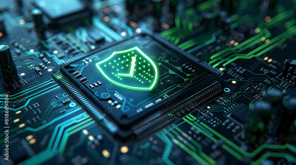 Poster close-up of a computer motherboard with a glowing green shield symbol representing cybersecurity and