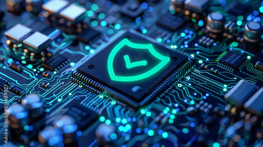Poster close-up of a computer motherboard with a glowing shield symbol, representing cybersecurity and data