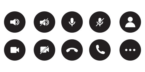 Phone calling icon set. Streaming icon set. Video call buttons set. Collection of internet conversation buttons. Camera, handset, microphone, speaker, message, and profile vector