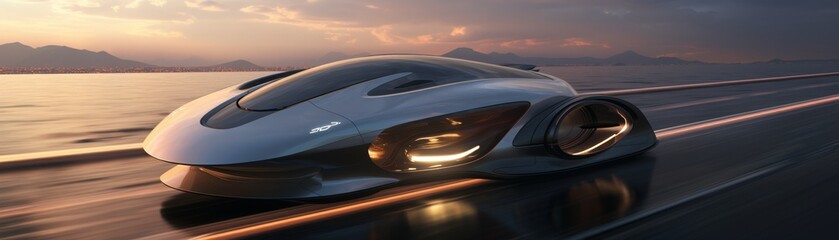 Futuristic hovercraft gliding effortlessly along a shimmering highway that stretches across the ocean