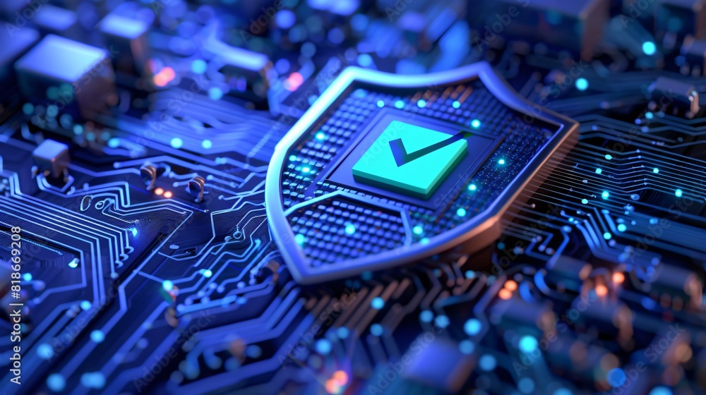 Poster close-up of a digital security shield with a checkmark on a circuit board, symbolizing electronic da