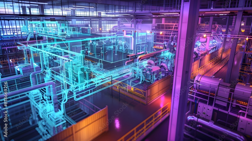 Poster a virtual model of a smart factory, mirroring real-time operations of the physical factory, optimizi