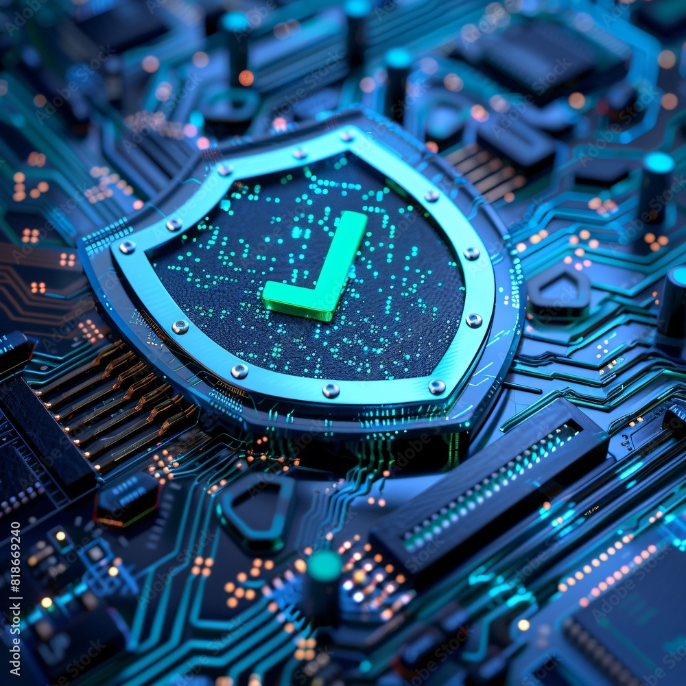 Poster close-up of a digital shield icon on a blue circuit board representing cybersecurity and data protec