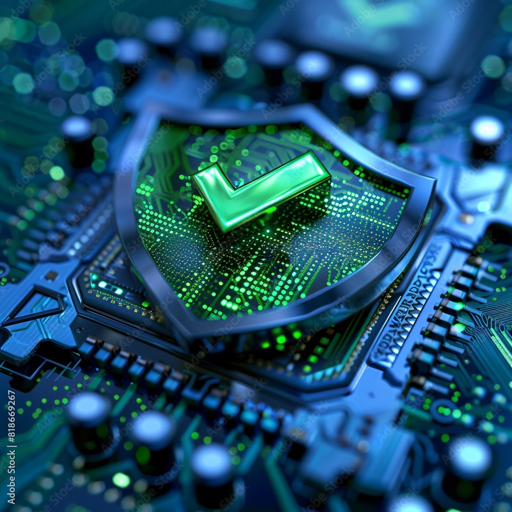 Aufkleber close-up of a digital shield icon on a circuit board, symbolizing cybersecurity and data protection 