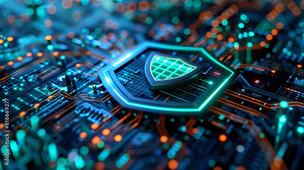 Poster close-up of a digital shield icon on a glowing circuit board, symbolizing cybersecurity and data pro