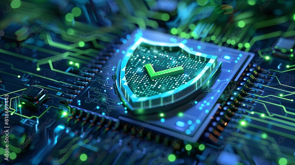 Poster close-up of a futuristic circuit board with a glowing security shield icon, symbolizing cyber protec