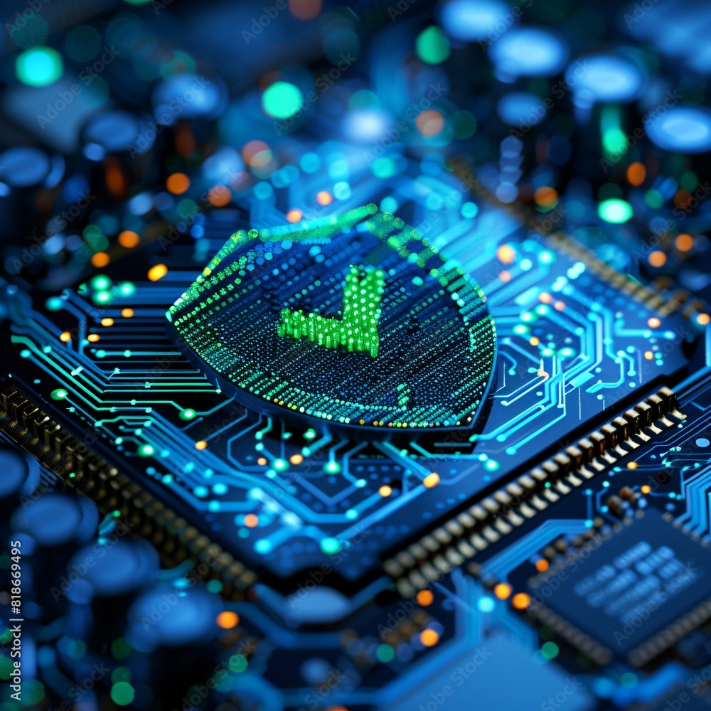 Poster close-up of a glowing shield icon on a computer motherboard representing cybersecurity and protectio