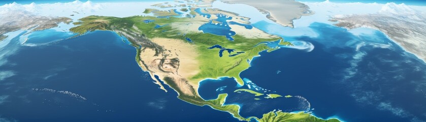 Physical map of North America, USA, Canada and Mexico.