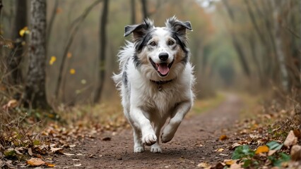 joyful border collie dog runs along a forest road