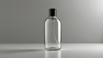 Transparent bottle for cosmetic products without logo on neutral white background