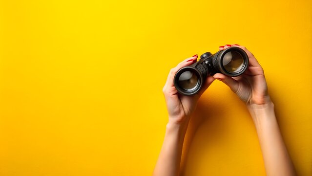female hand holds black binoculars yellow bac