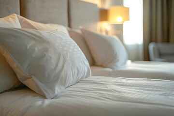 Comfortable bed with white sheets and pillows in a hotel room