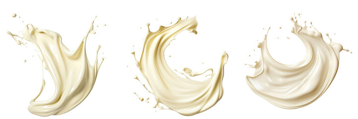 Collection of white chocolate liquid paint milk splash swirl wave isolated on white background