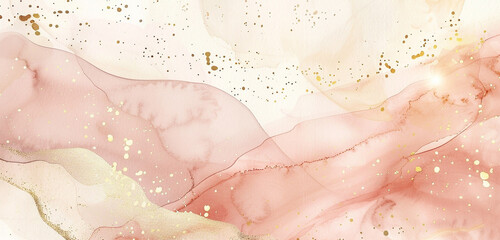 Fototapeta premium Peaceful blush & beige watercolor with golden speckles on wide canvas.