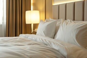 Comfortable bed with white sheets and pillows in a hotel room