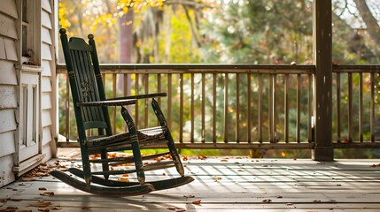 An empty rocking chair on a porch, swaying gently in the breeze, symbolizing the absence of its former occupant