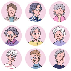 色々なおばあちゃんの丸型アイコンセット