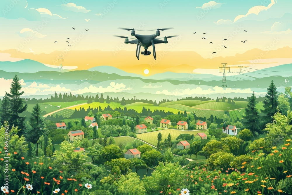 Poster efficient farming technology with drone vector graphics in smart agriculture and precision drone tec