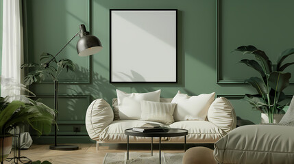 Green Walls, Frame mockup, ISO A paper size, modern bedroom. Generative AI