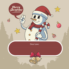 Merry Christmas greeting card Retro Cartoon Vector Illustration with Cute Snowman Candy Cane Star Light Ball Ring Bell Red Brown Colors