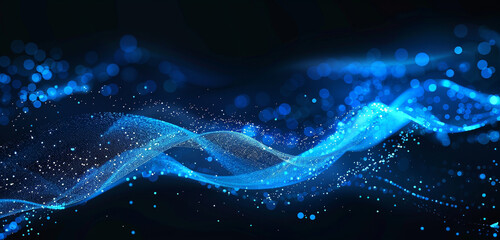 Fototapeta premium Shimmering sapphire blue wave with particles on dark.