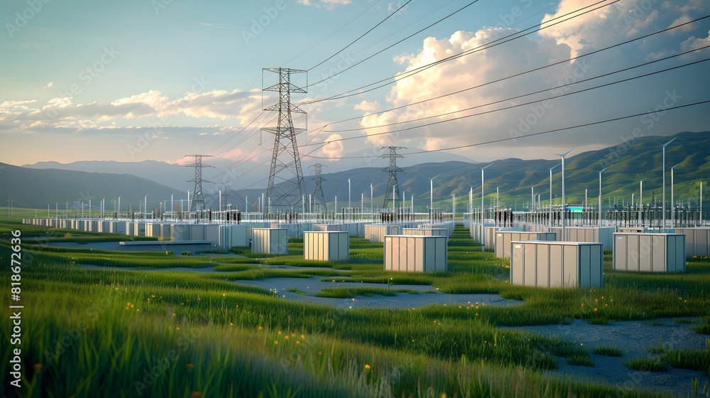 Poster a vast field of energy storage units interconnected with power lines, demonstrating the role of grid