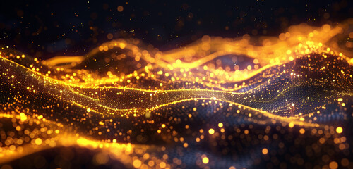 Radiant amber wave of particles on dark digital backdrop.