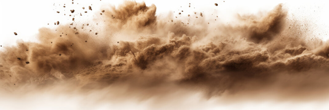 Sandstorm, dusty cloud of sand flying in the air isolated on white background, Dynamic Brown Smoke Clouds Texture,  for backgrounds, textures, or abstract designs