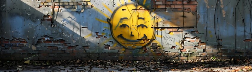 Yellow Enthusiastic face painted on an old wall in graffiti style.