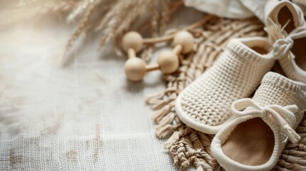Fototapeta na wymiar Baby shoes and teethers. Organic newborn accessories. copy space