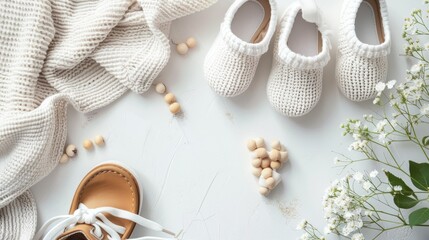 Baby shoes and teethers. Organic newborn accessories. copy space